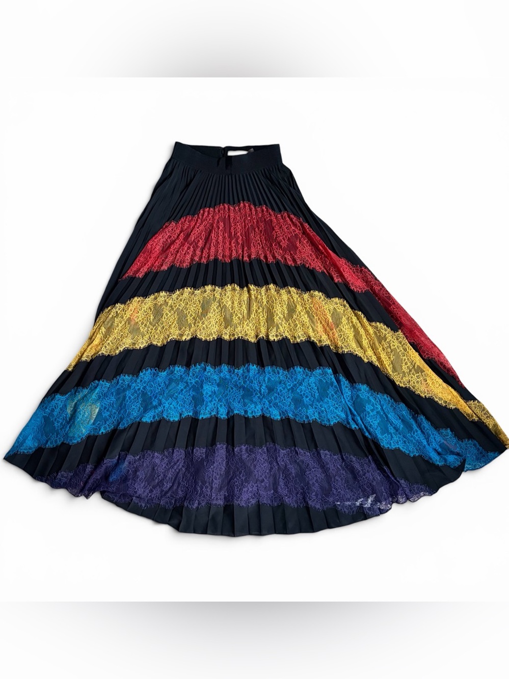 Alice + Olivia Romona Pleated Maxi Skirt Sz 4 Rainbow Lace Panel Black Mesh Long - Picture 3 of 16